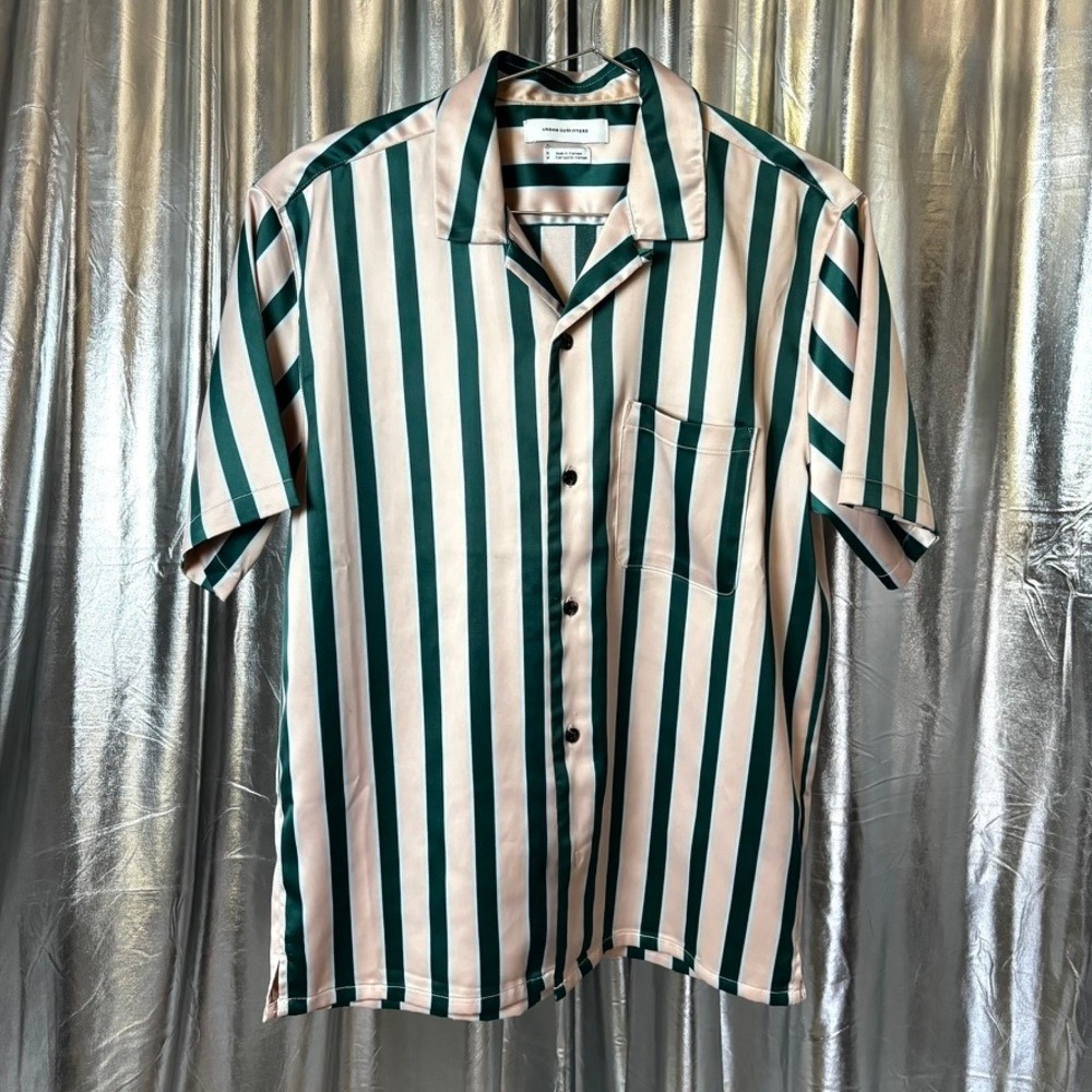 Urban Outfitters Green Blush Satin Striped Camp Collar Shirt